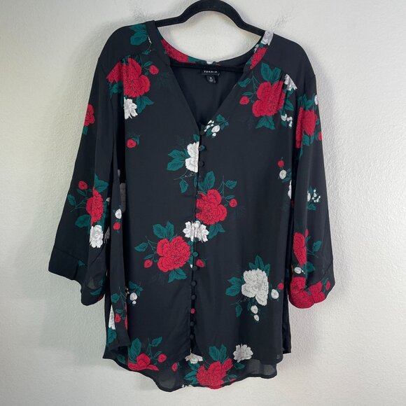 torrid Tops - Torrid Womens Plus 3X Button Front Floral Blouse Red White Roses Roll Tab Sleeve